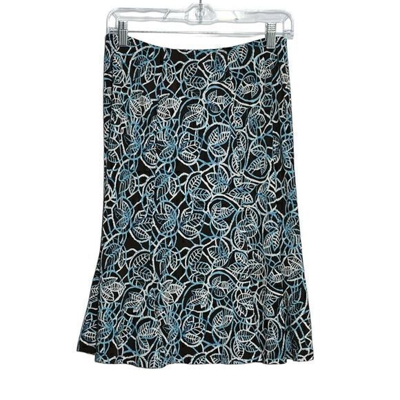 Connected Apparel Skirt A Line Leaf Pattern Brown Blue Stretch Pull on Size 8 - Picture 2 of 5